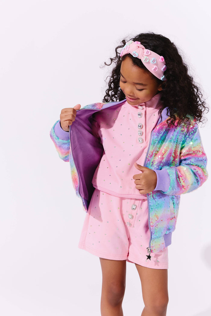 Lola + The Boys Rainbow Sequin Stripe Bomber