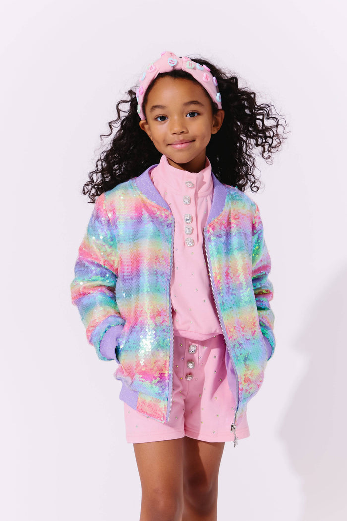 Lola + The Boys Rainbow Sequin Stripe Bomber