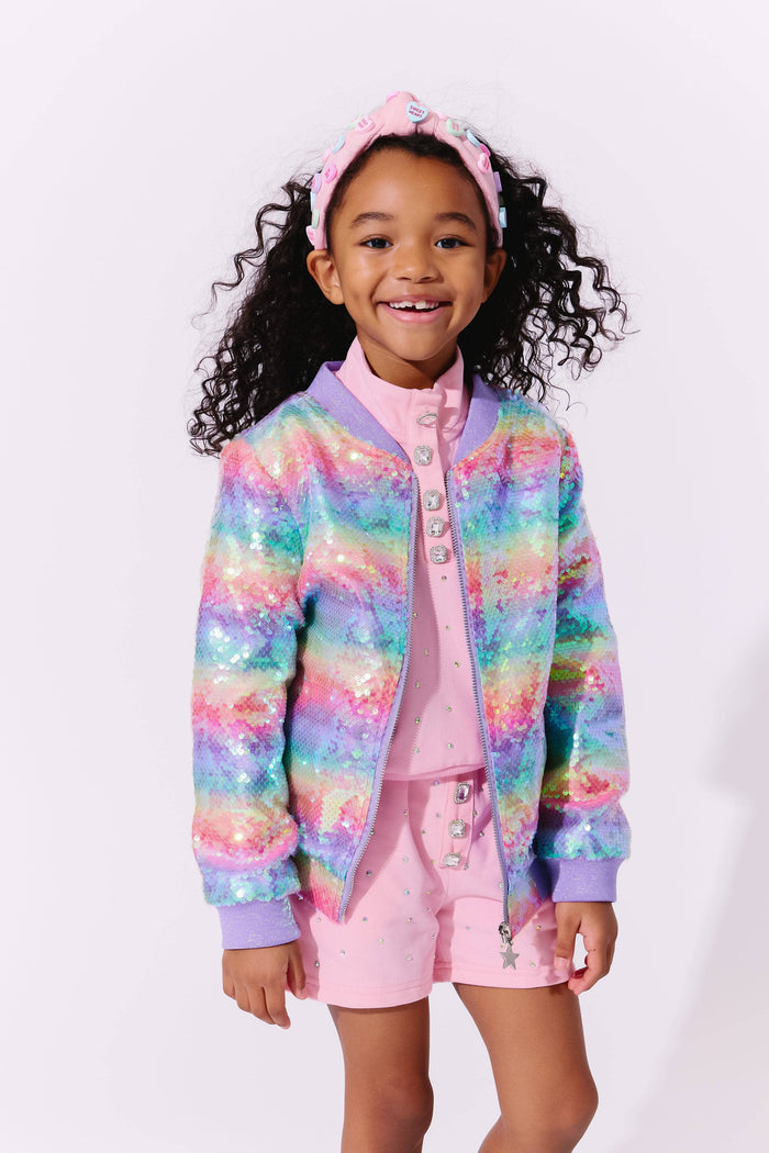 Lola + The Boys Rainbow Sequin Stripe Bomber