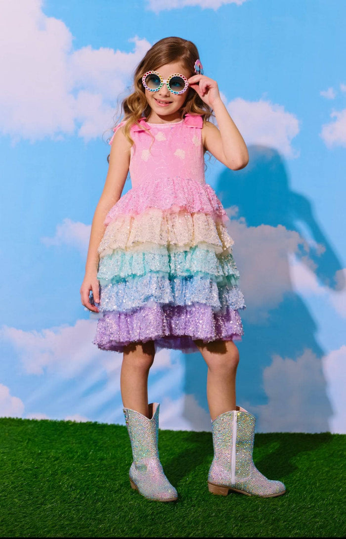 Lola + The Boys Rainbow Sequin Tiered Butterfly Dress