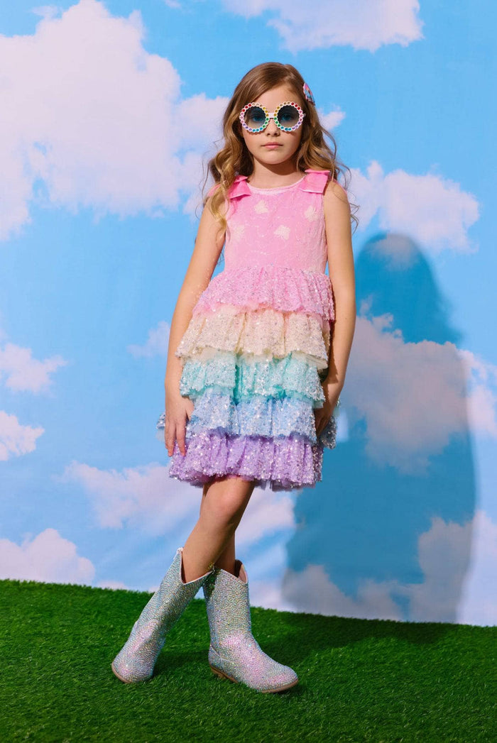 Lola + The Boys Rainbow Sequin Tiered Butterfly Dress