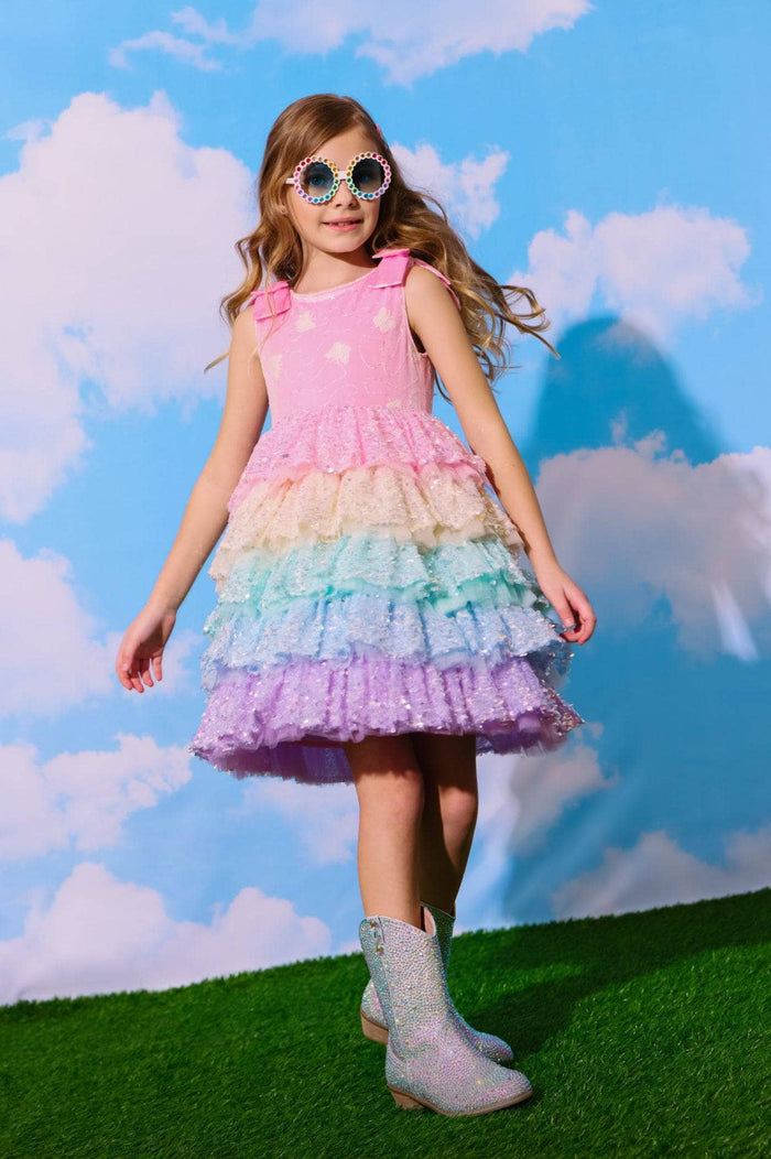 Lola + The Boys Rainbow Sequin Tiered Butterfly Dress