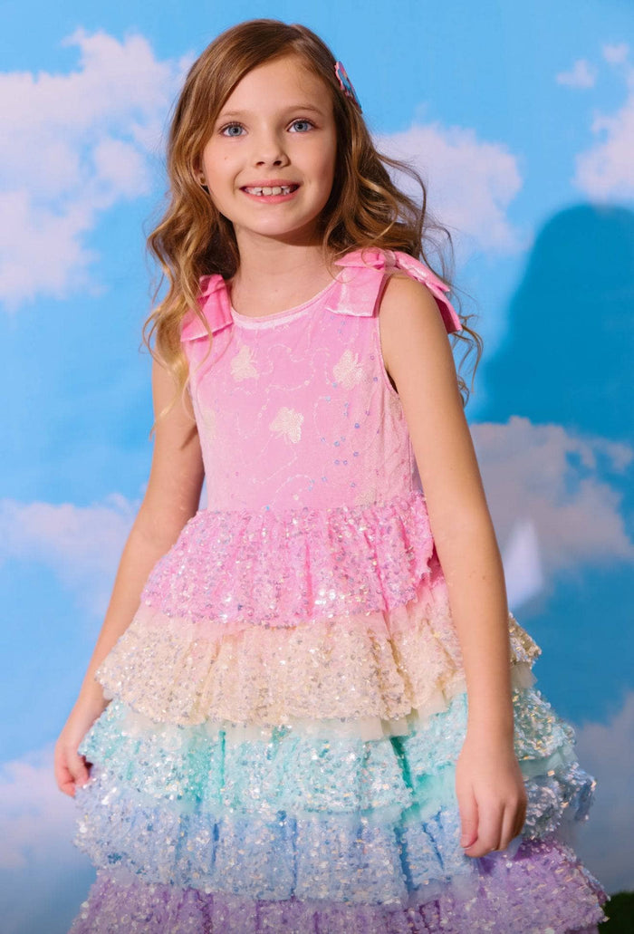 Lola + The Boys Rainbow Sequin Tiered Butterfly Dress