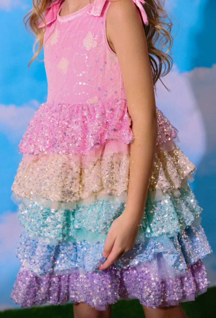 Lola + The Boys Rainbow Sequin Tiered Butterfly Dress
