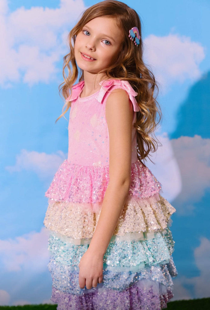 Lola + The Boys Rainbow Sequin Tiered Butterfly Dress