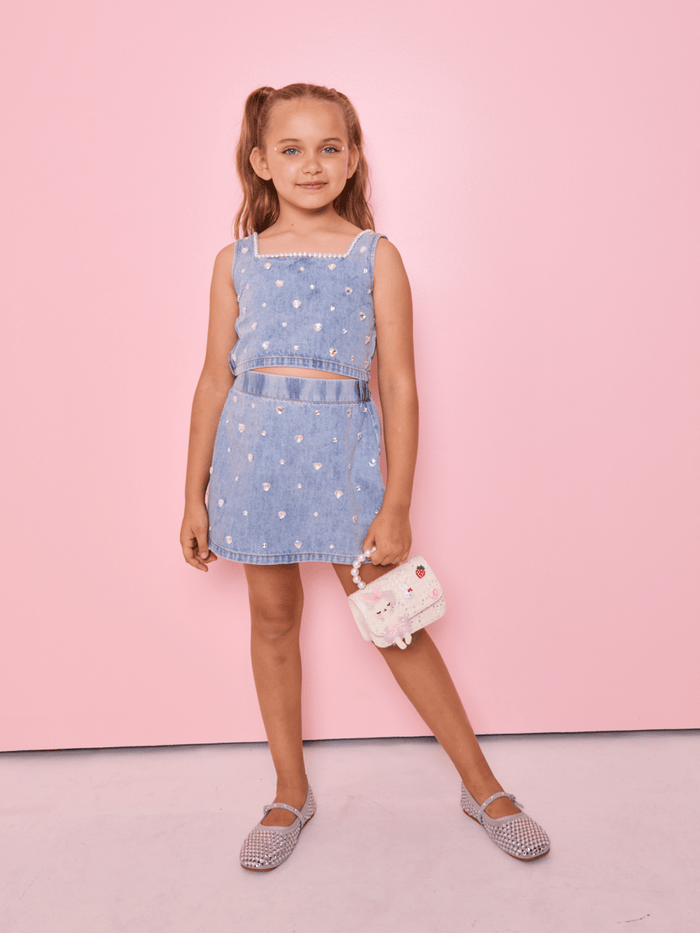 Lola + The Boys Sets Crystal Heart Denim Skirt Set