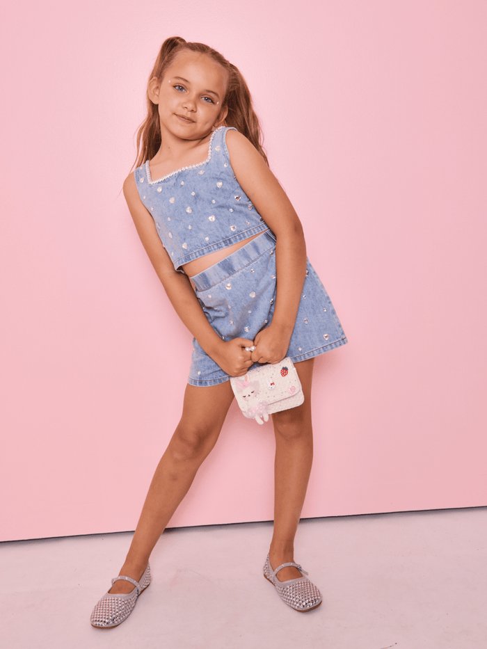 Lola + The Boys Sets Crystal Heart Denim Skirt Set