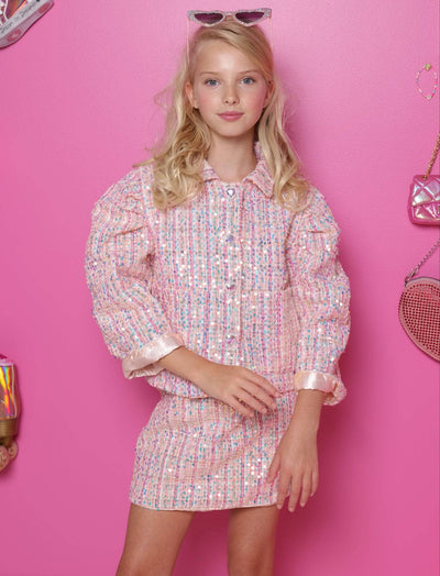 Lola + The Boys Sets Pink Coco Sequin Tweed Suit