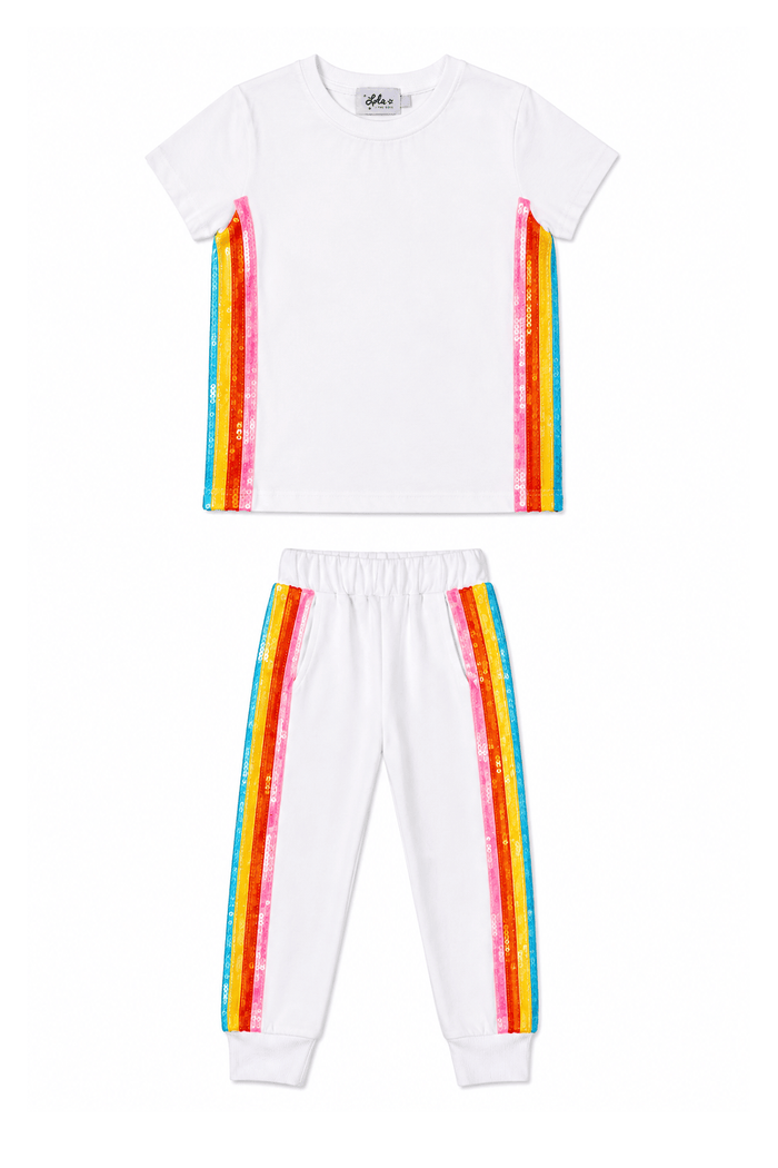 Lola + The Boys Sets White Rainbow Sequin Jogger Set