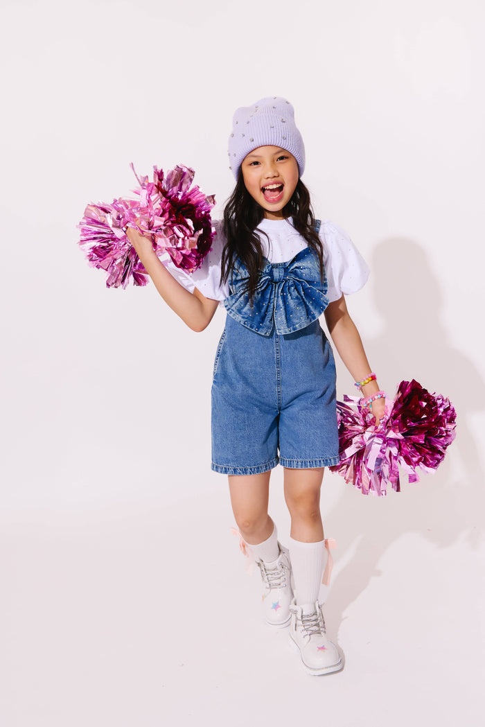 Lola + The Boys Sparkle Bow Denim Overalls have Cuffed