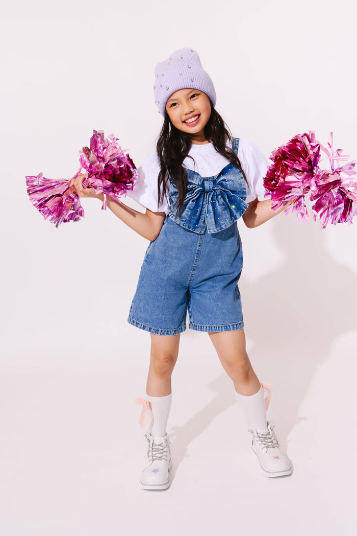 Lola + The Boys Sparkle Bow Denim Overalls have Cuffed