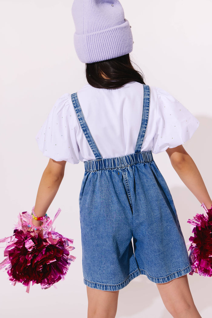Lola + The Boys Sparkle Bow Denim Overalls have Cuffed
