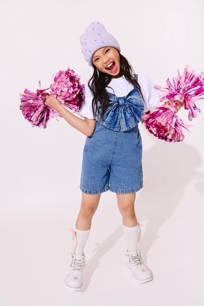 Lola + The Boys Sparkle Bow Denim Overalls have Cuffed
