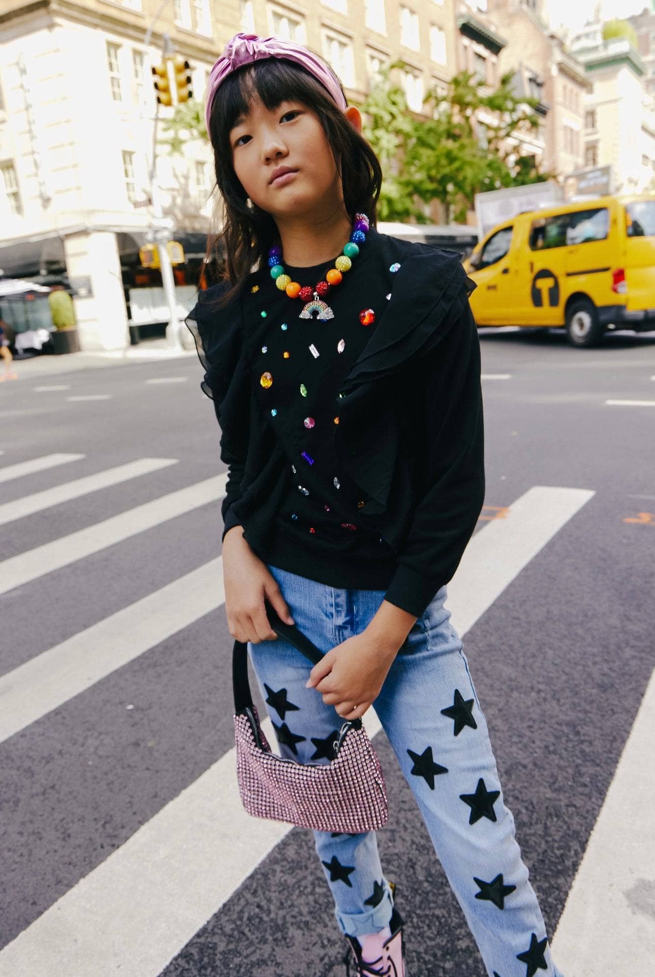 Lola + The Boys Beaded Crystal Fruit Crop Denim Jacket