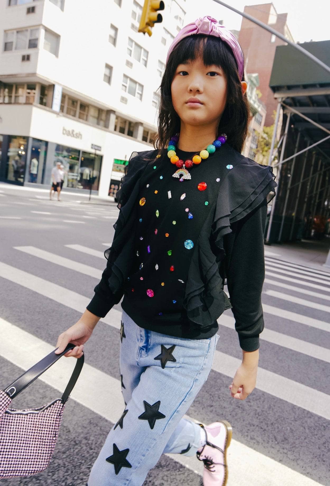 Lola + The Boys Beaded Crystal Fruit Crop Denim Jacket