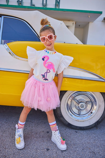 Lola + The Boys Tops Beaded Flamingo Ruffle T-shirt