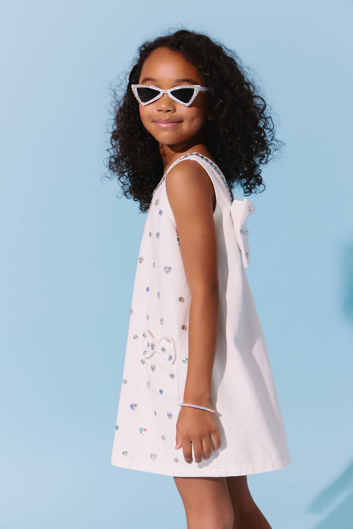 Lola-spring-25 White Crystal Heart Denim Bow Dress