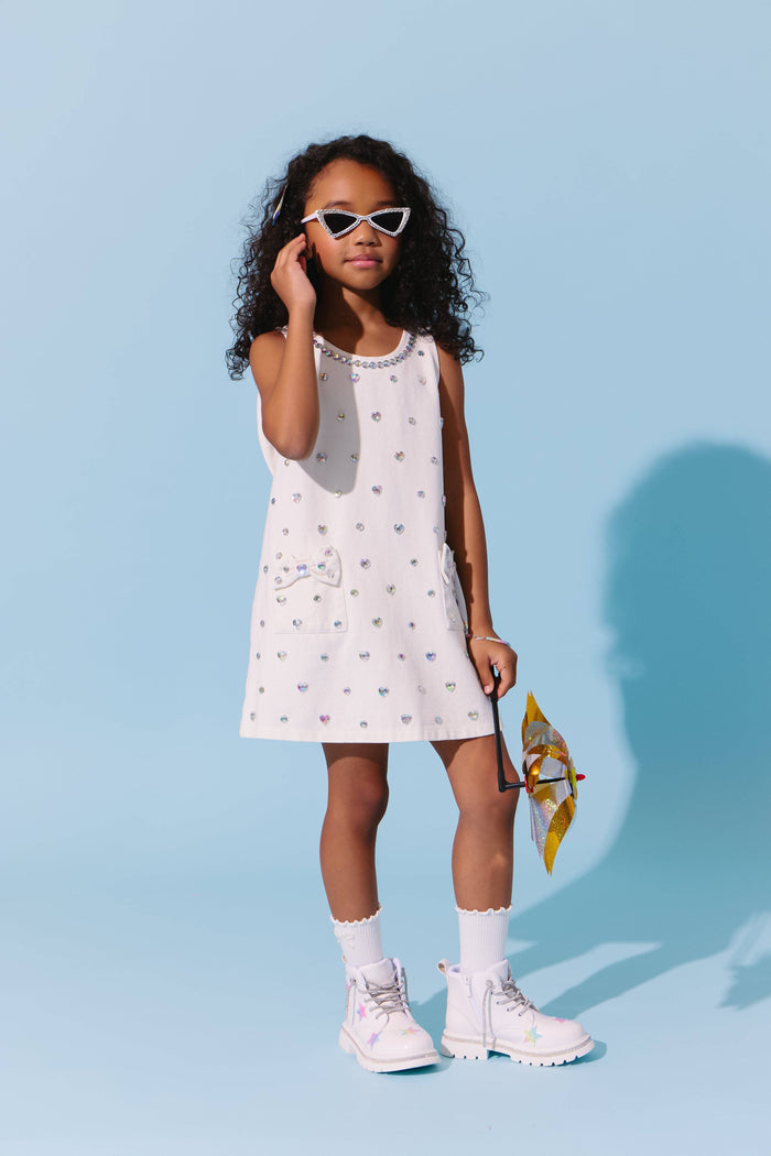 Lola-spring-25 White Crystal Heart Denim Bow Dress