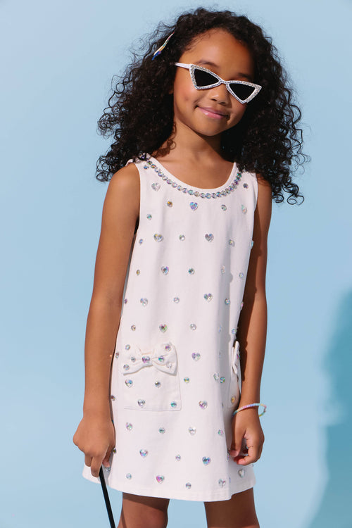 Lola-spring-25 White Crystal Heart Denim Bow Dress