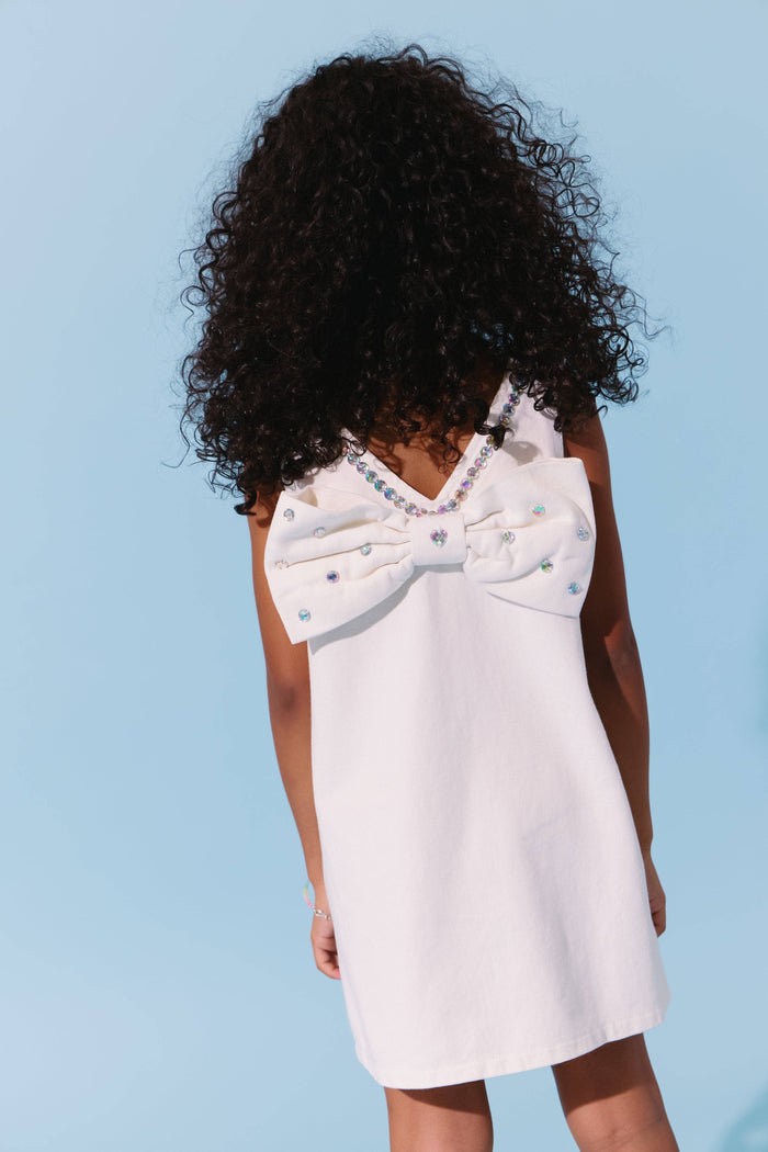 Lola-spring-25 White Crystal Heart Denim Bow Dress