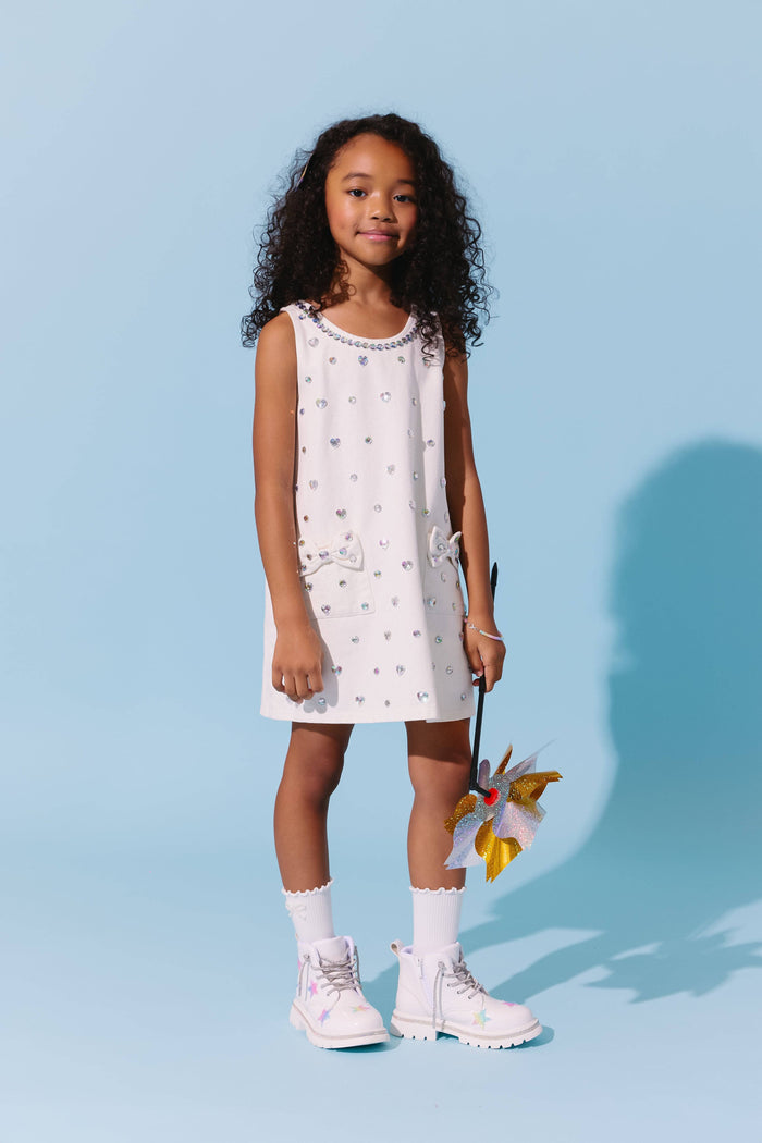 Lola-spring-25 White Crystal Heart Denim Bow Dress