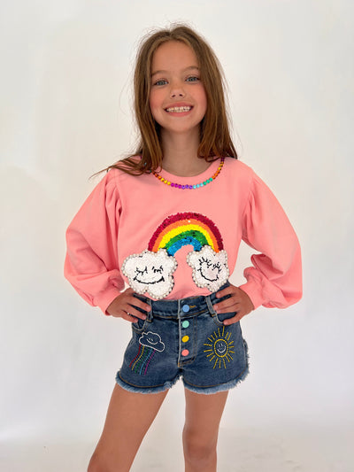 Lola + The Boys Bottoms Embroidered Rainbow Denim Shorts