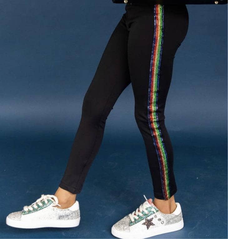Lucas Hugh black rainbow colorful stripe print performance 7/8 Leggings  pants