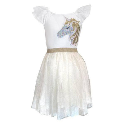 Lola + The Boys Dress Gold and White Unicorn Ruffle Sleeve Dress