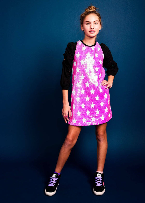 Girls Neon Pink Star Sequin Flip Dress | Lola and The Boys