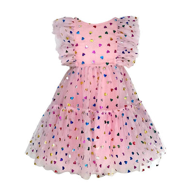 Lola + The Boys Foil Rainbow Hearts Tulle Dress