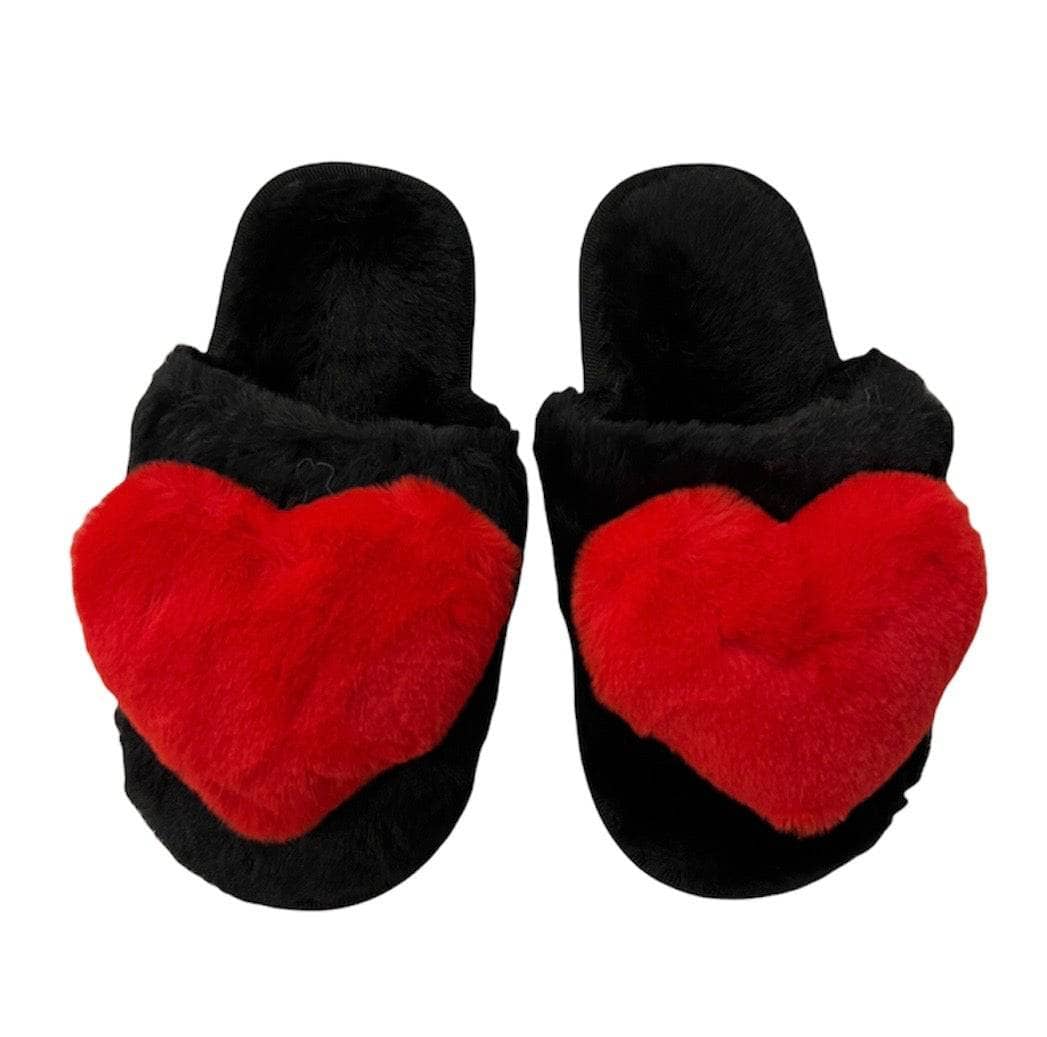 Melody Love Heart Print Plush Slippers Black / M