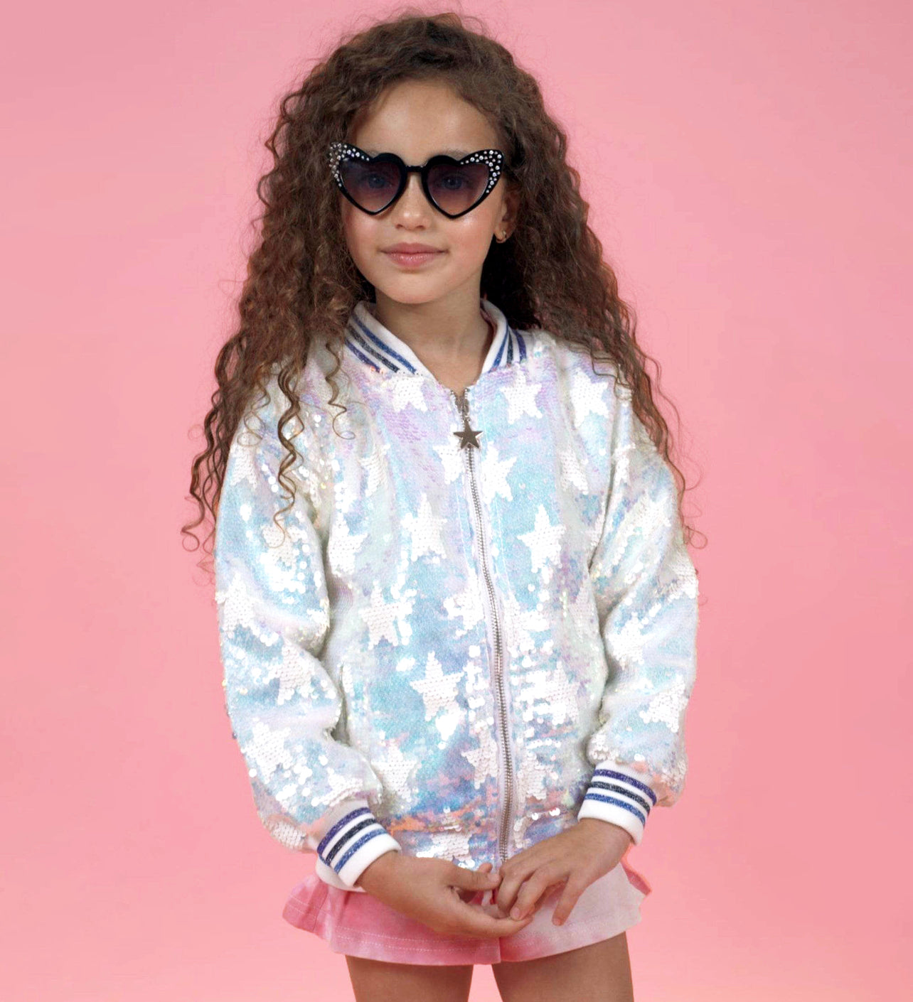 Lola & The Boys Kids' Iridescent Star Sequin Bomber Jacket in Silver