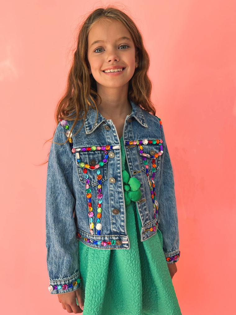 Lola + The Boys Beaded Crystal Fruit Crop Denim Jacket