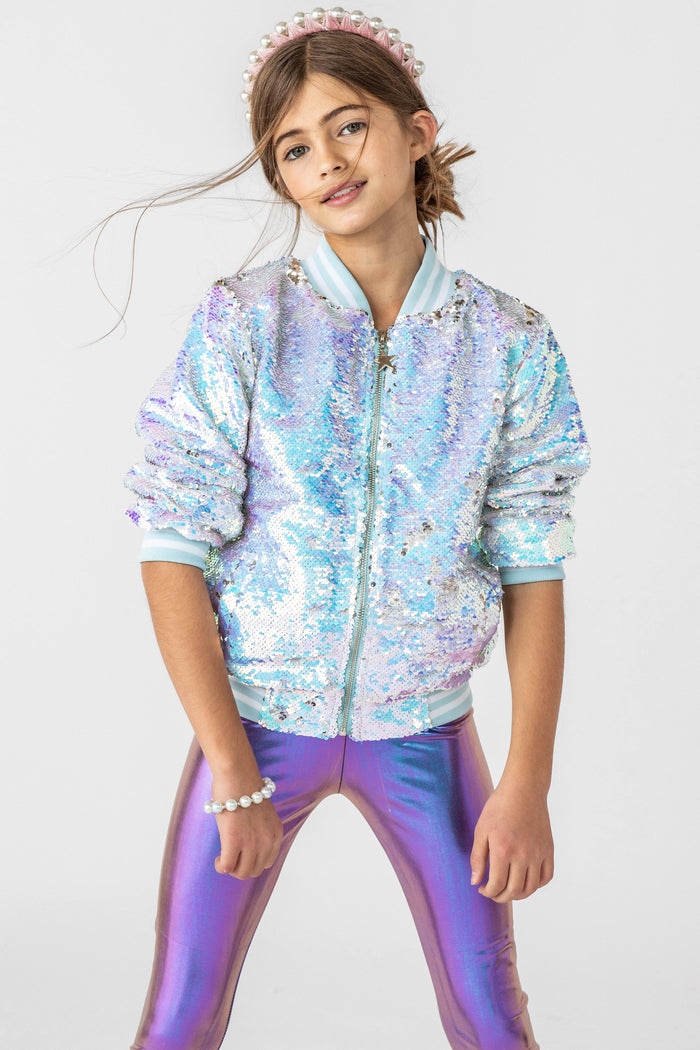 Lola + The Boys Jackets & Bombers Iridescent Angel Sequin Flip Bomber