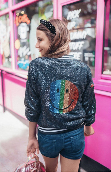 Rainbow Emoji Sequin Bomber, 14 / Navy