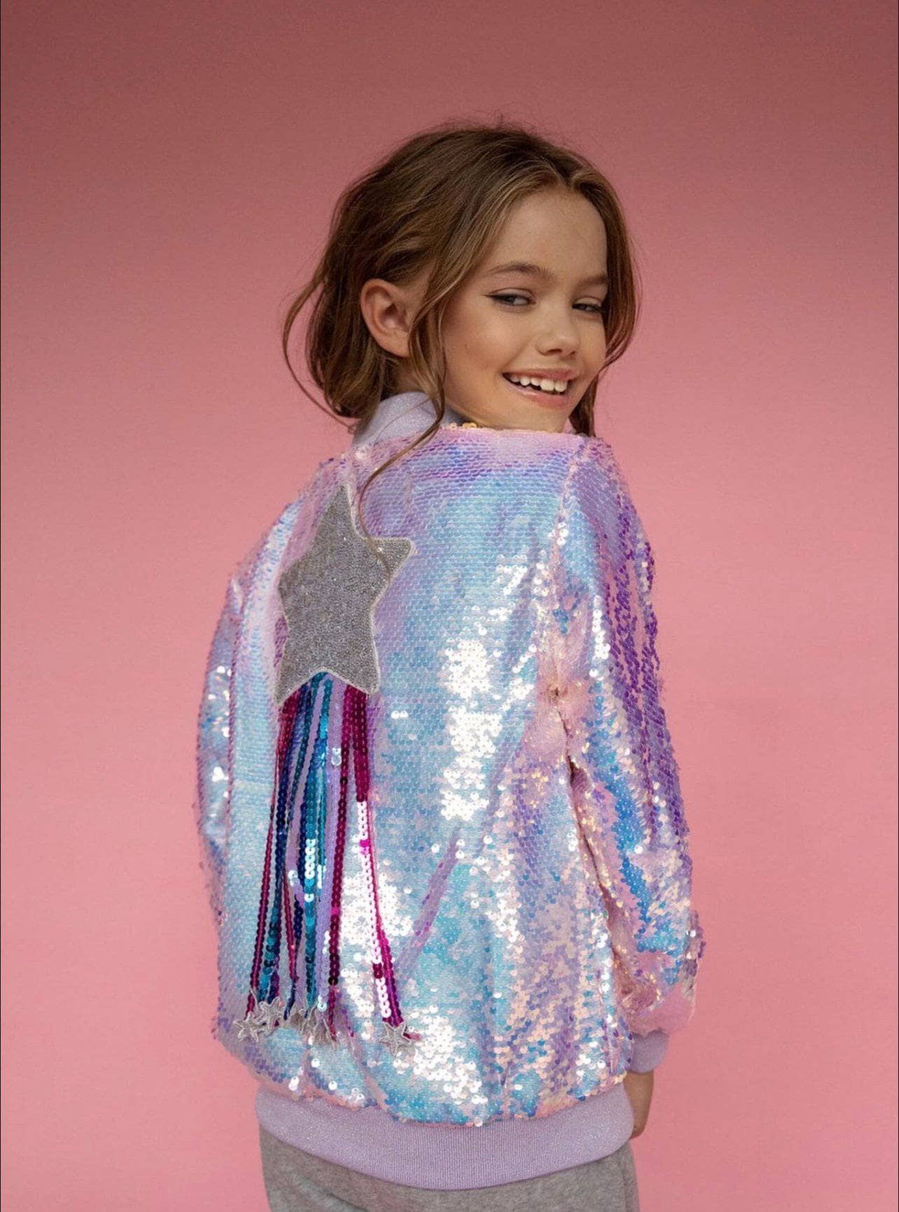 Lola & The Boys Kids' Iridescent Star Sequin Bomber Jacket in Silver