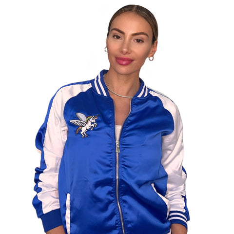 Baby Blue Satin Bomber Jacket for Women