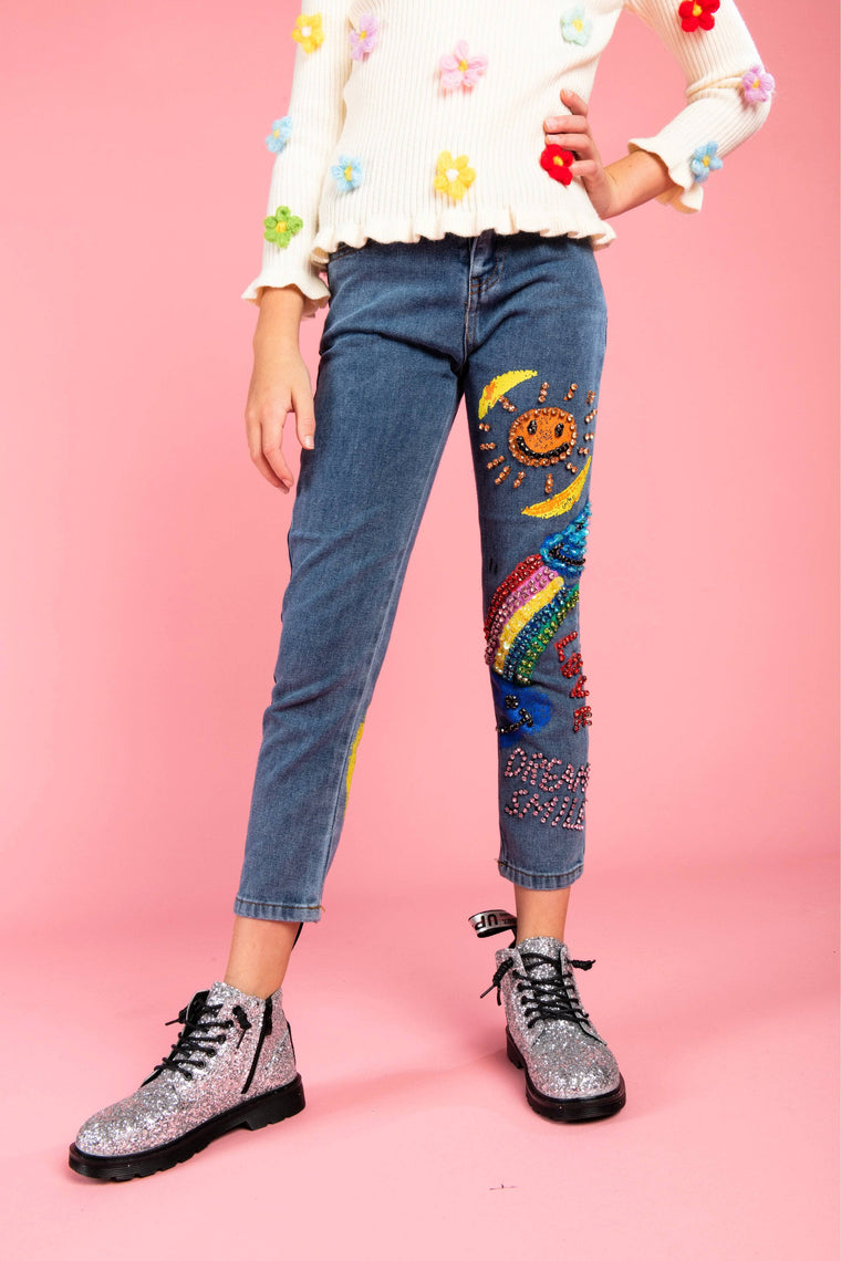 Denim Mickey Mouse Rainbow with Crystals Patch