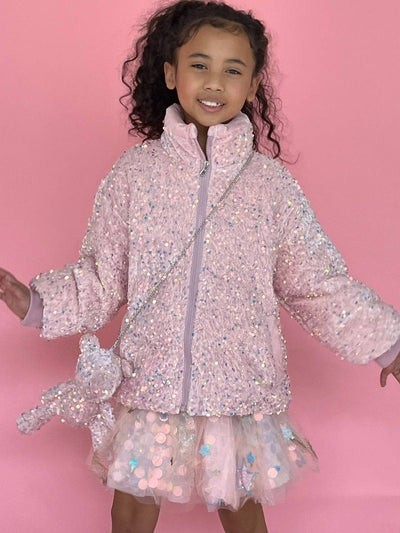 Lola + The Boys Pink sequin puffer coat with bunny purse