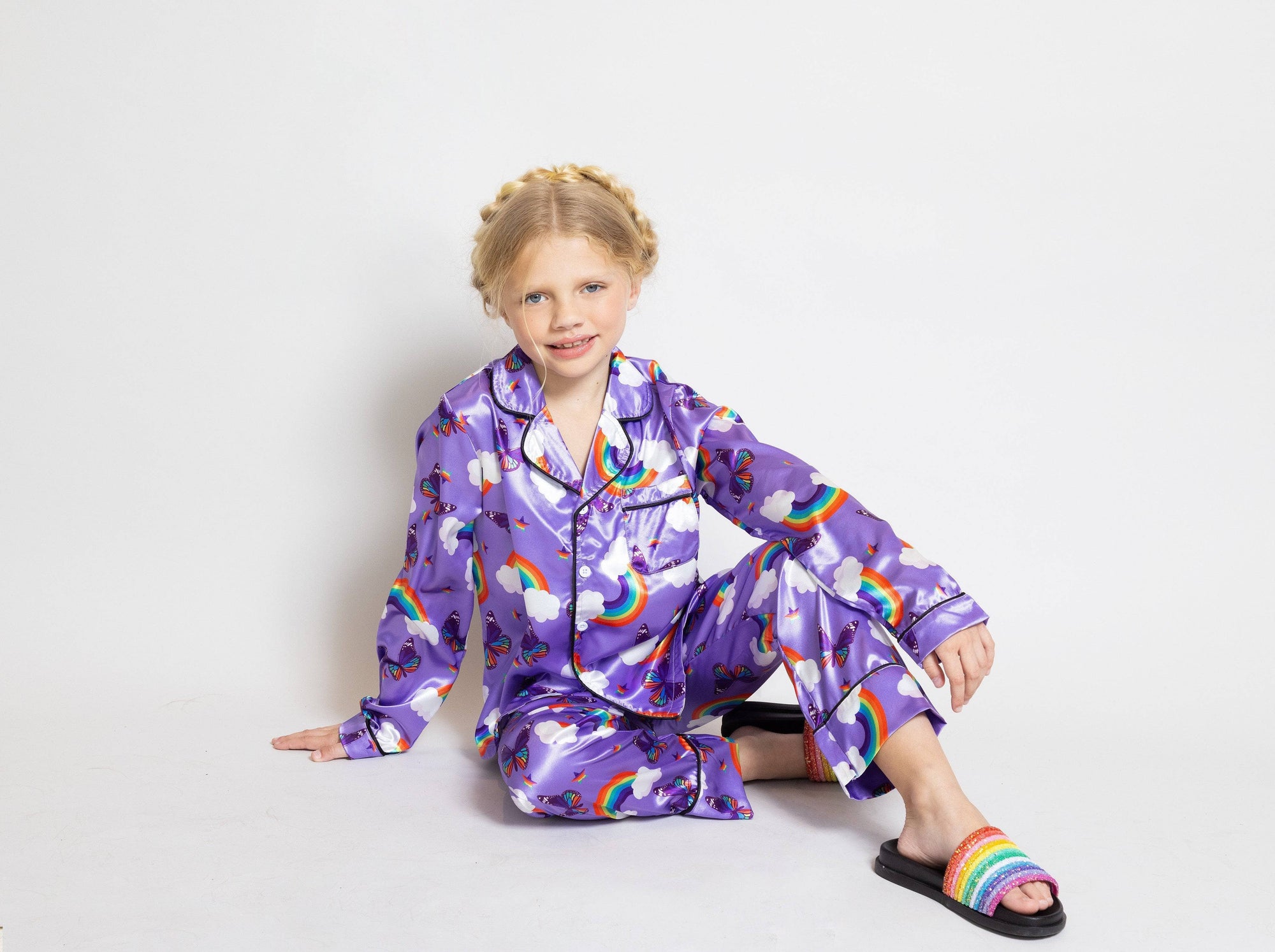 Lola + The Boys Rainbow Feather Trims Silky Pajamas, 2