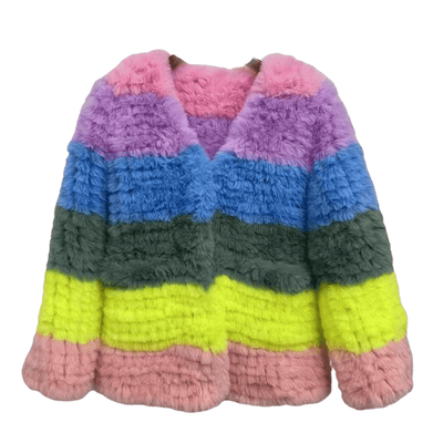 Lola + The Boys Rainbow Candy Striped Fur Jacket