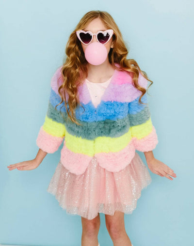 Lola + The Boys Rainbow Candy Striped Fur Jacket
