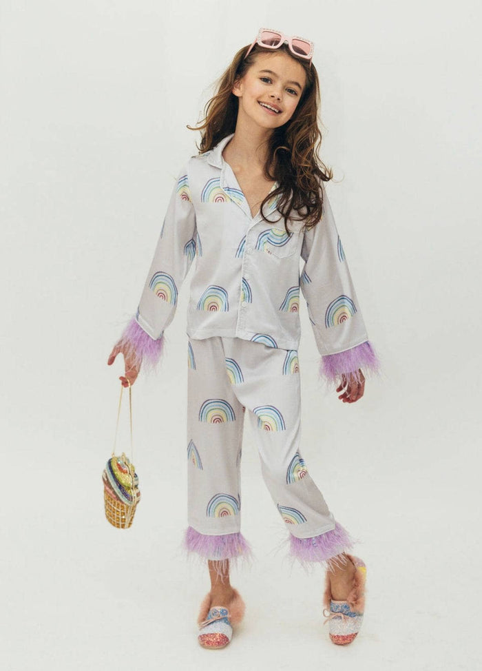 Lola + The Boys Rainbow Feather Trims Silky Pajamas