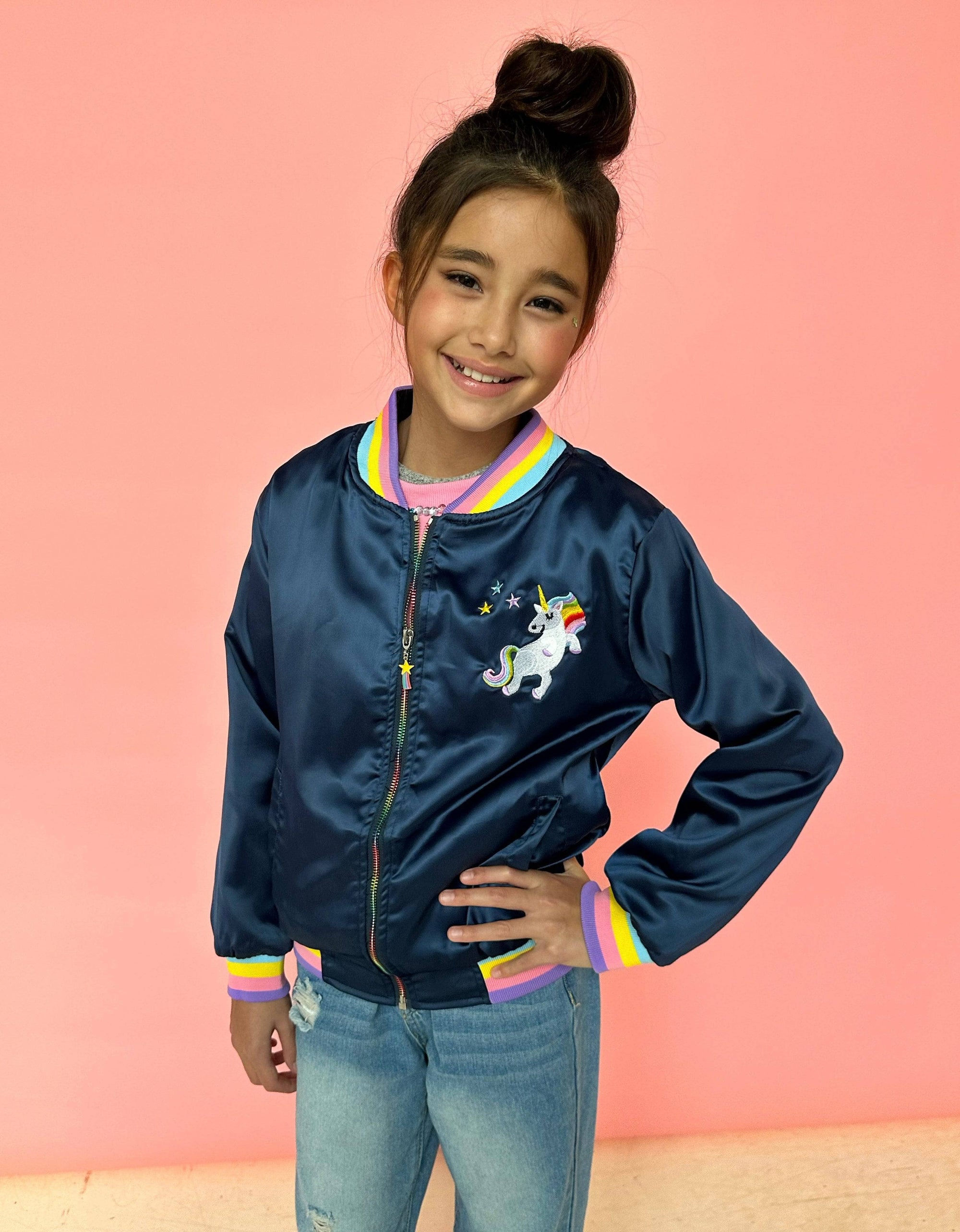 Women's Unicorn Satin Bomber, Adult Medium / Blue