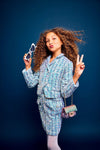 Lola + The Boys Set Crystal Hearts Buttons Sequined Tweed Suit Blue