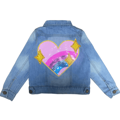 Lola + The Boys Sparkle Rainbow Heart Denim Jacket