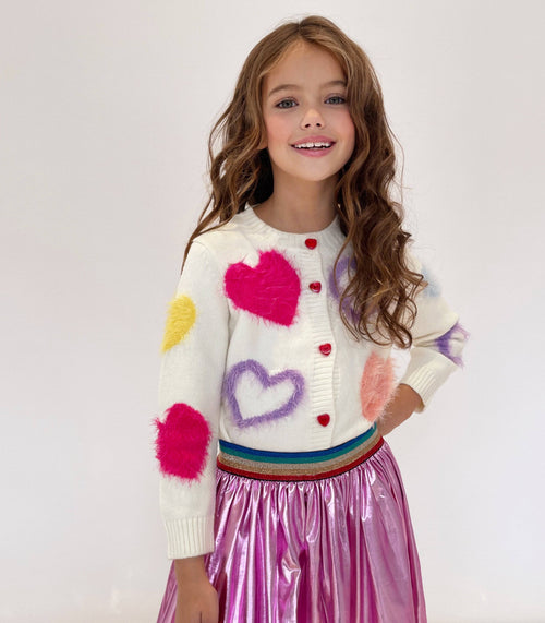 Lola + The Boys Sweaters & Sweatshirts White Fuzzy Hearts Cardigan- preorder ships 11/15