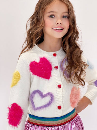 Lola + The Boys Sweaters & Sweatshirts White Fuzzy Hearts Cardigan- preorder ships 11/15