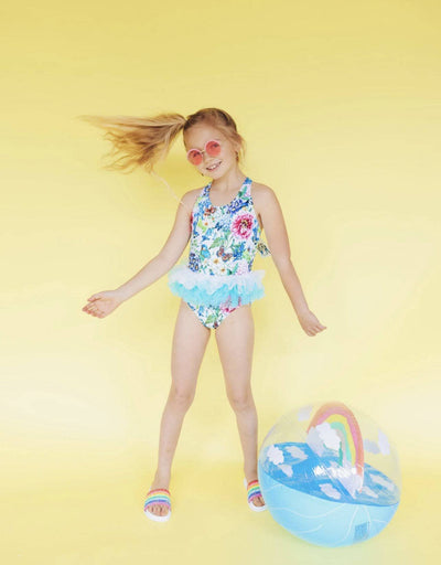 Lola + The Boys swim Butterfly Garden Floral and Tulle Swimsuit and Swim Cap