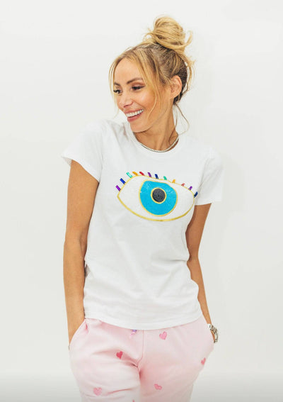 Lola + The Boys Tees Women's White Rainbow Evil Eye Tee